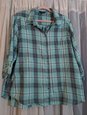 N Touch Aqua Blue Plaid Button Front 3/4 Sleeve Shirt XL